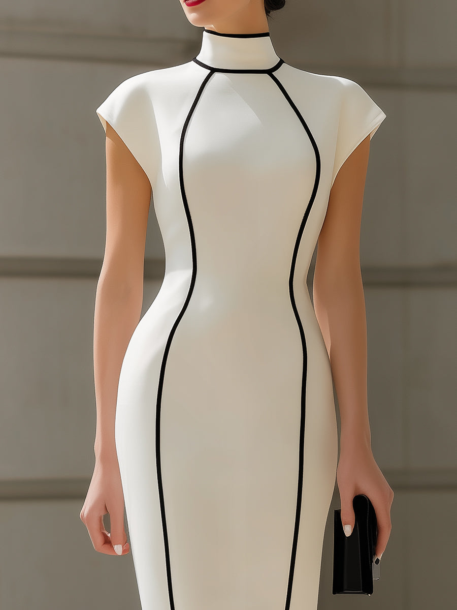 Anna-Berg | High-Neck Black Piping Cap-Sleeve Bodycon Midi Dress