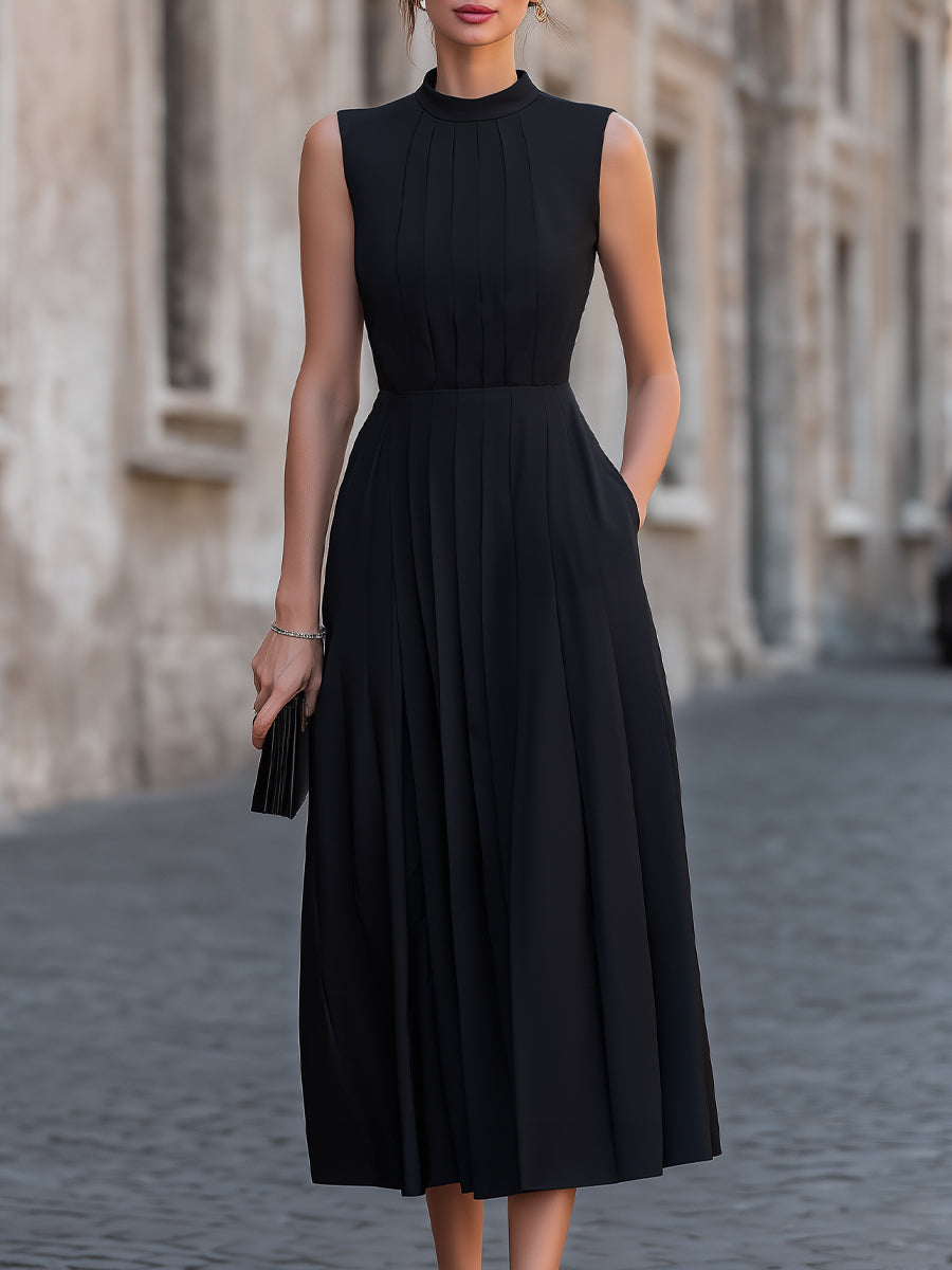 Anna-Berg | Pleated High-Neck Sleeveless Midi Dress