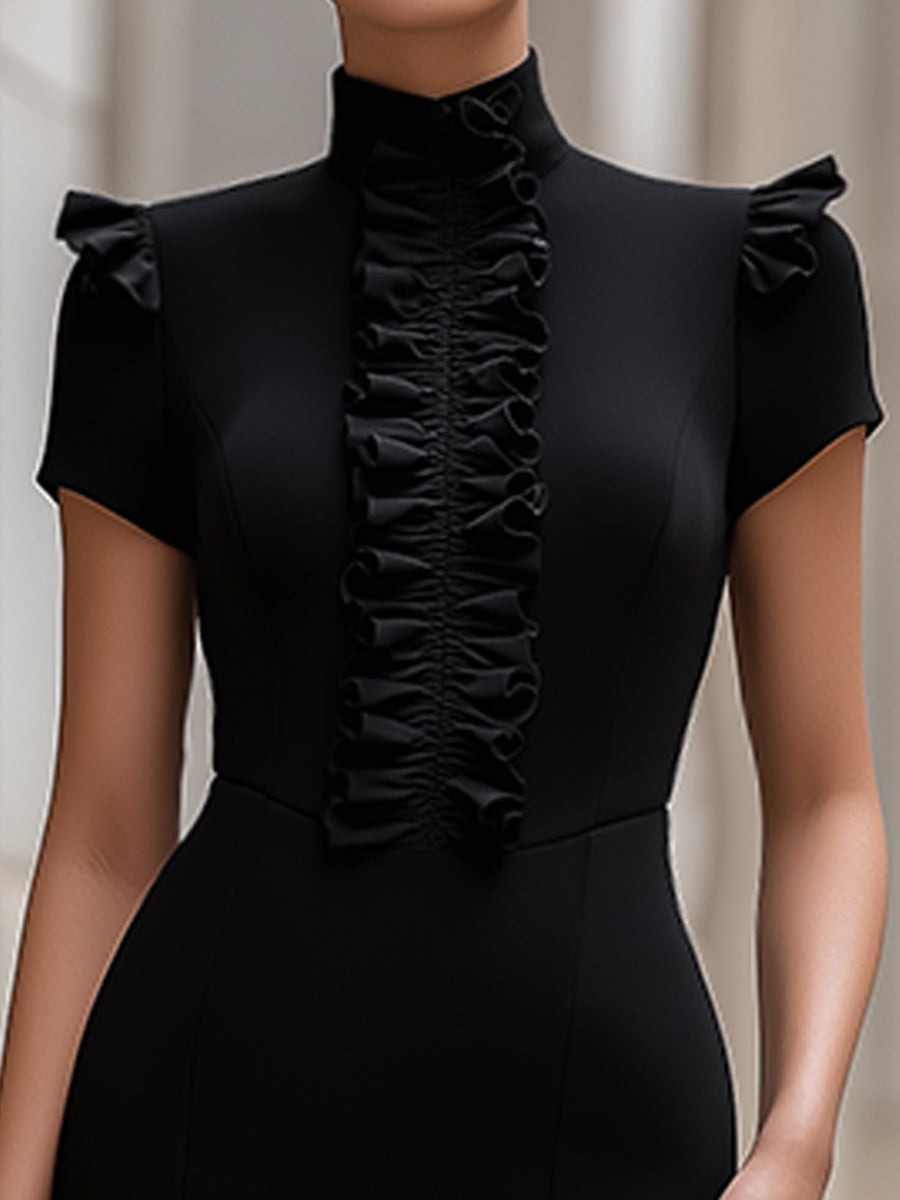 Anna-Berg | High-Neck Ruffle Front Structured Pencil Midi Dress