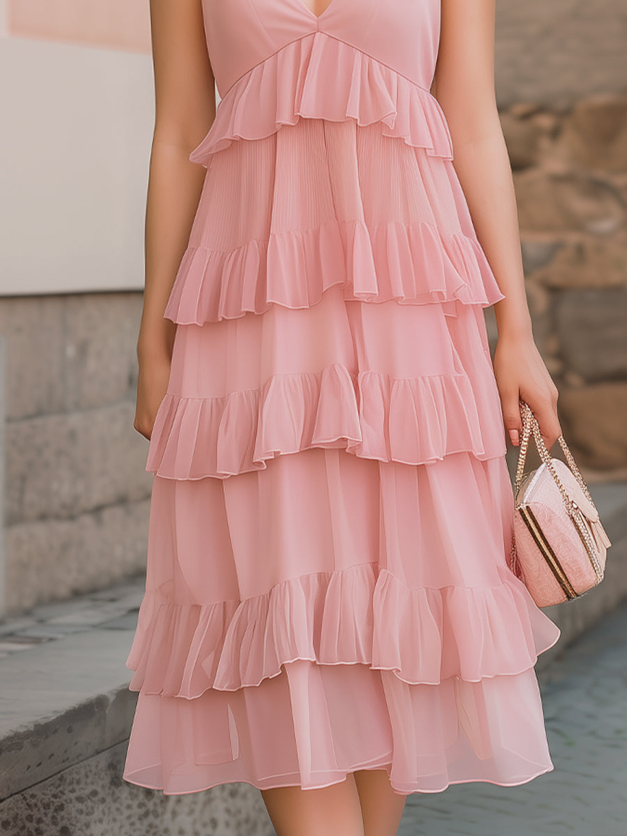 Anna-Berg | Deep V-Neck Tiered Ruffle Chiffon Midi Dress