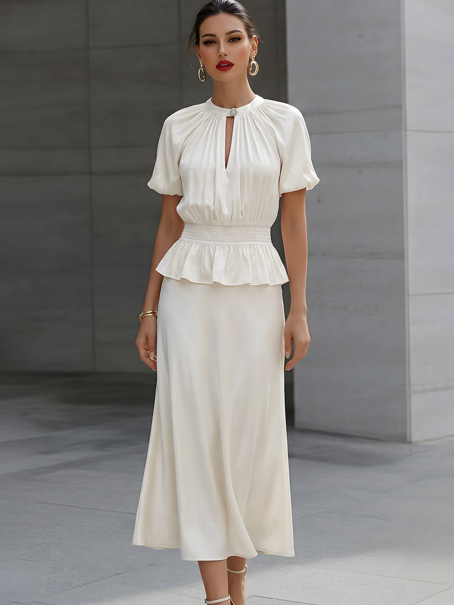 Anna-Berg | Satin Puff Sleeve Smocked Peplum Midi Dress