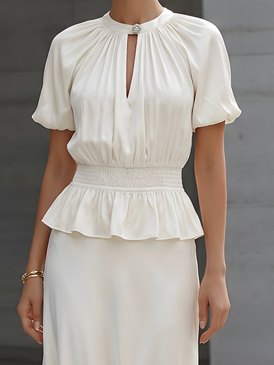 Anna-Berg | Satin Puff Sleeve Smocked Peplum Midi Dress