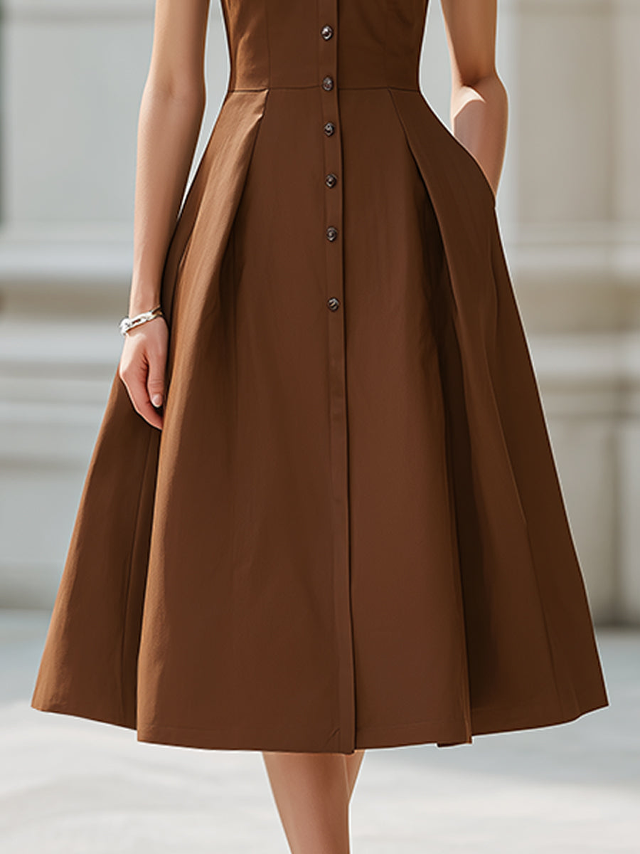 Anna-Berg | Sleeveless Button-Front Collared A-Line Midi Shirt Dress