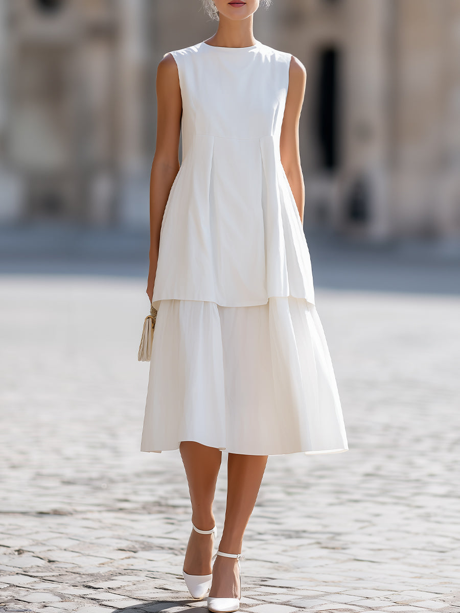 Anna-Berg | White Round Neck Sleeveless Tiered A-Line Midi Dress