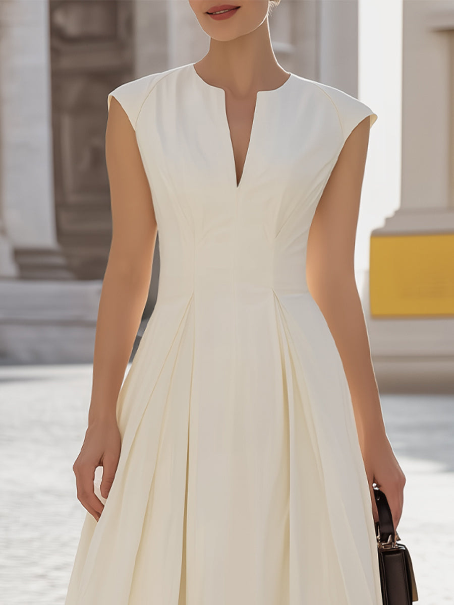 Anna-Berg | Notch-Neck Cap-Sleeve Pleated A-Line Midi Dress