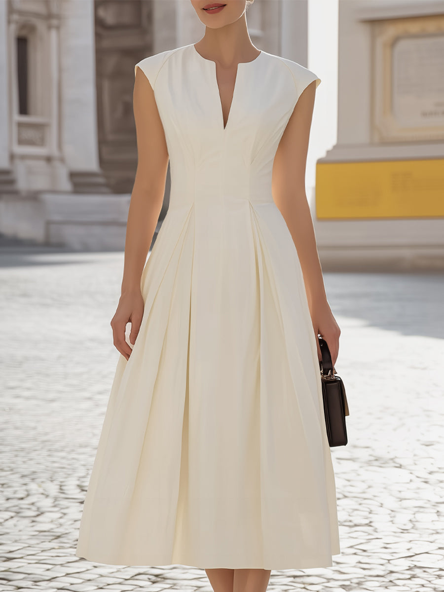 Anna-Berg | Notch-Neck Cap-Sleeve Pleated A-Line Midi Dress