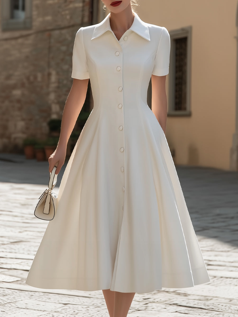 Anna-Berg | Pointed Collar Short-Sleeve Button-Down A-Line Midi Dress
