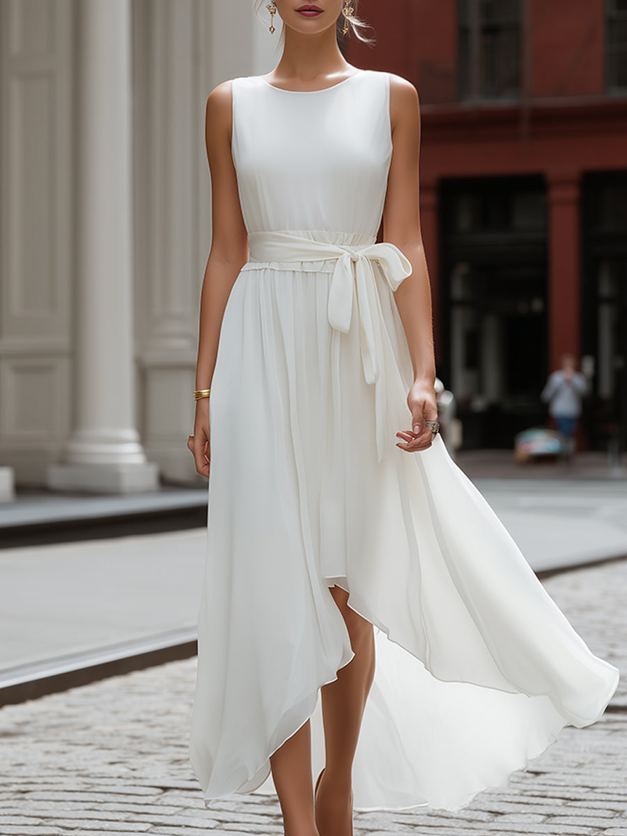 Anna-Berg | Sleeveless Round Neck Tie-Waist Asymmetric Hem Flowing Midi Dress
