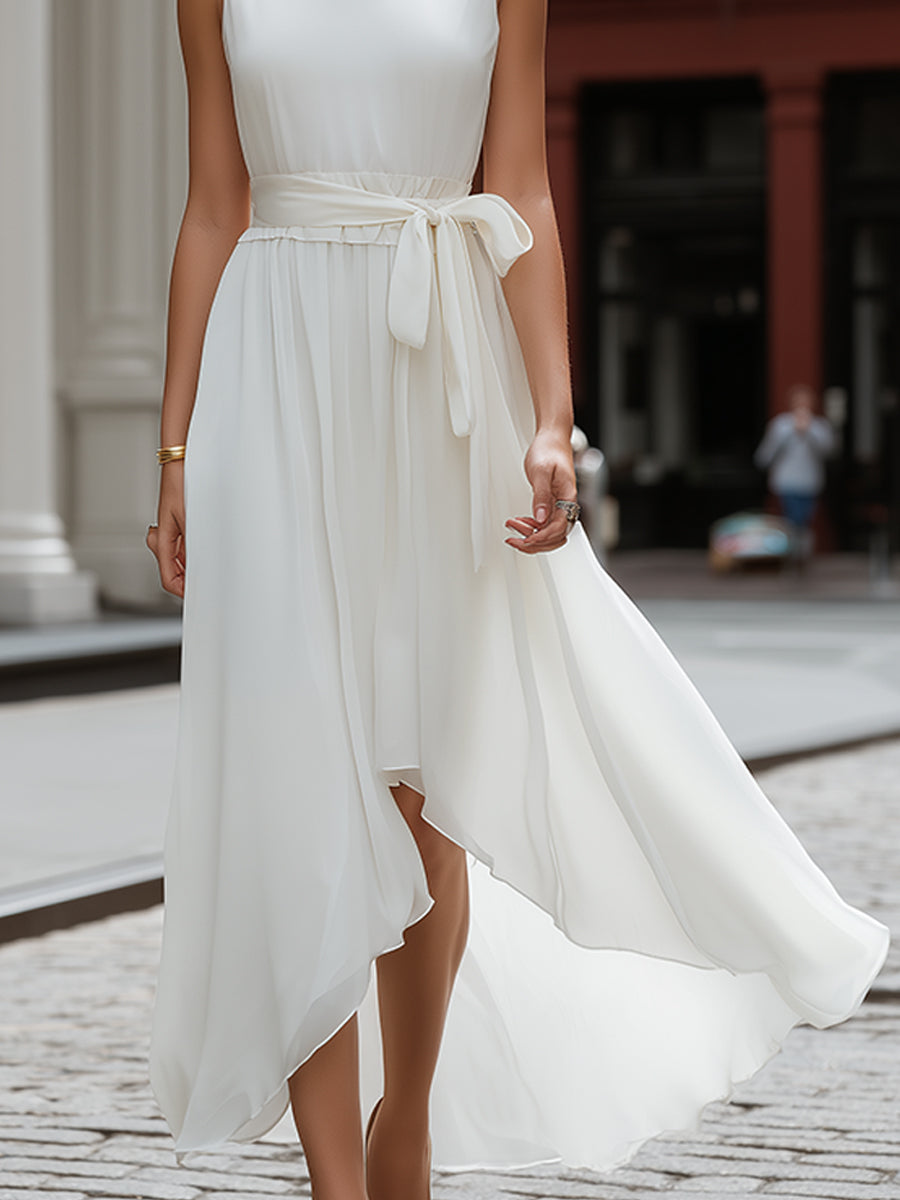 Anna-Berg | Sleeveless Round Neck Tie-Waist Asymmetric Hem Flowing Midi Dress