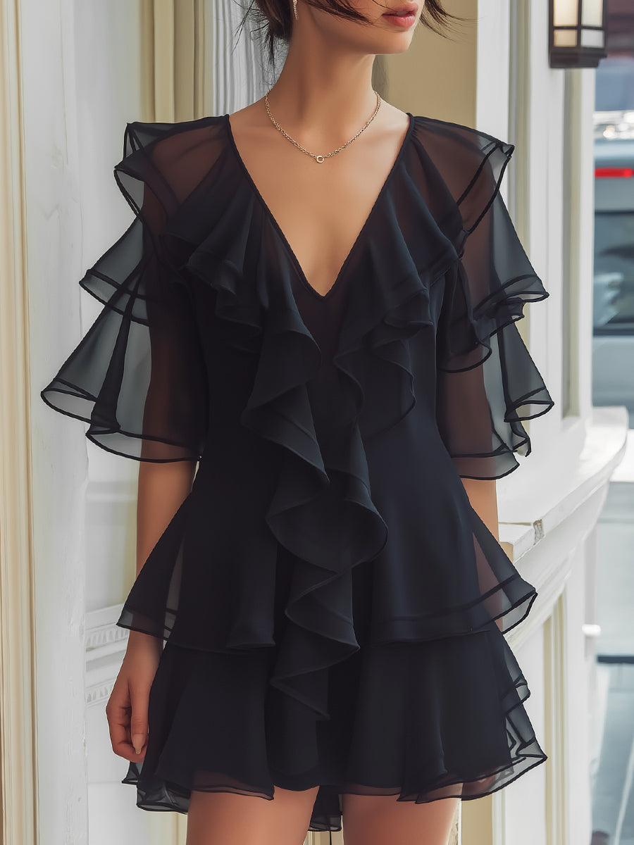 Anna-Berg | Layered Ruffle V-Neck Chiffon Mini Dress