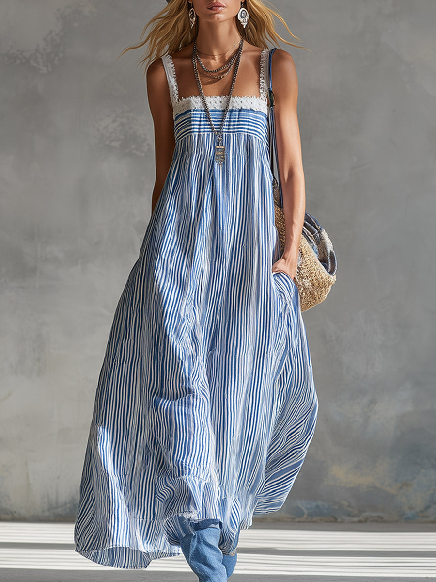 Anna-Berg | Stylish & Elegant Lace Trim Blue Striped Square Neck Maxi Dress