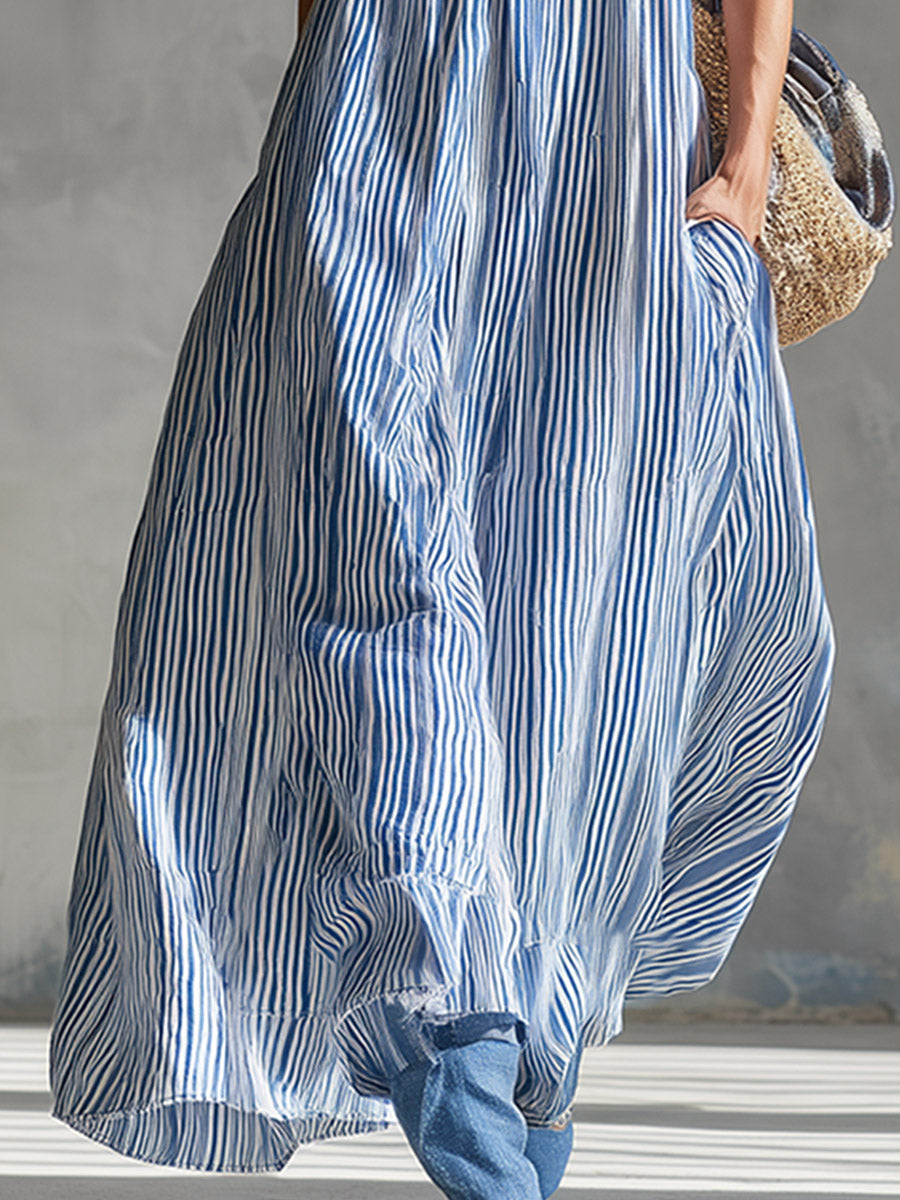 Anna-Berg | Stylish & Elegant Lace Trim Blue Striped Square Neck Maxi Dress