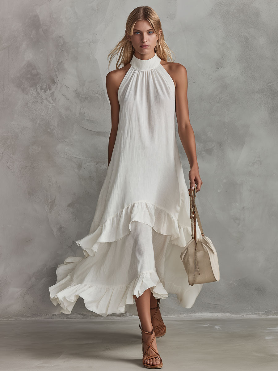 Anna-Berg | Retro-Elegant White Sleeveless Ruffled Cotton-Linen Dress