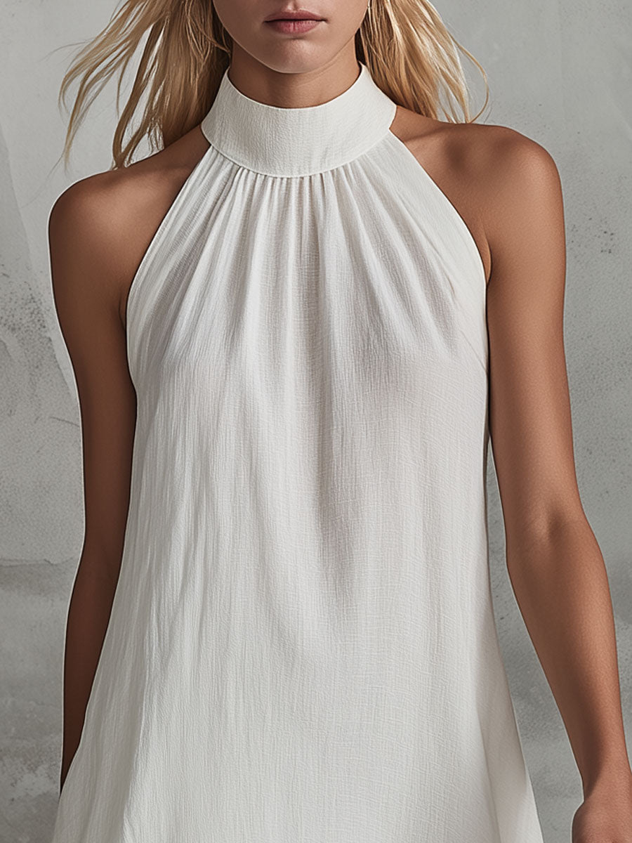 Anna-Berg | Retro-Elegant White Sleeveless Ruffled Cotton-Linen Dress