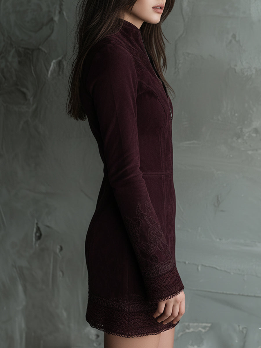 Anna-Berg | Vintage Suede Embroidered Lace Trim Dress