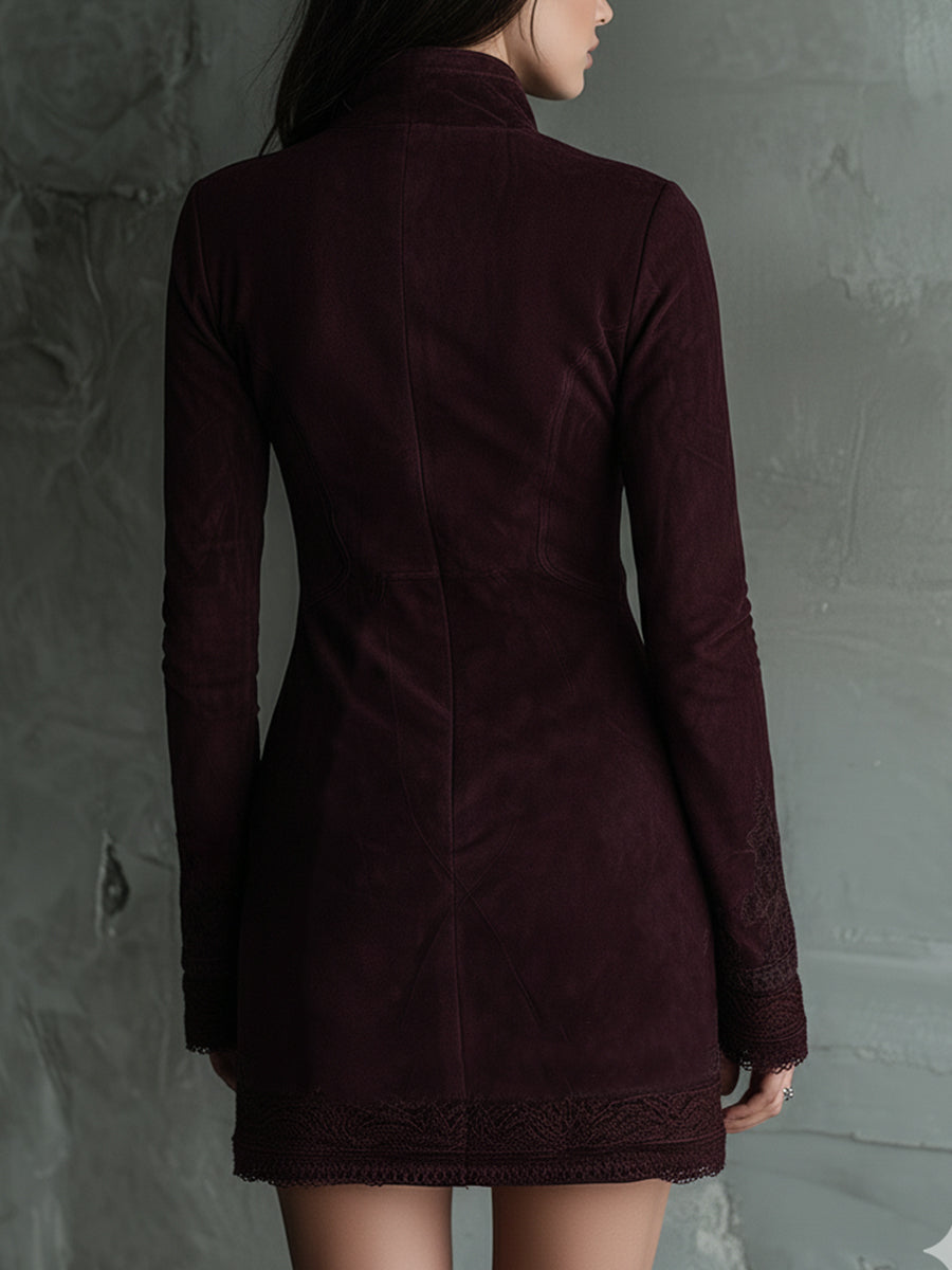 Anna-Berg | Vintage Suede Embroidered Lace Trim Dress