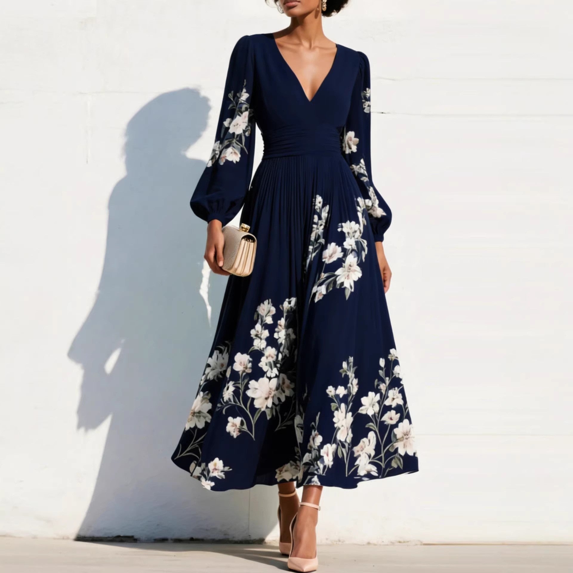 Anna-Berg | Elegant Floral Print Long-Sleeved V-Neck Dress