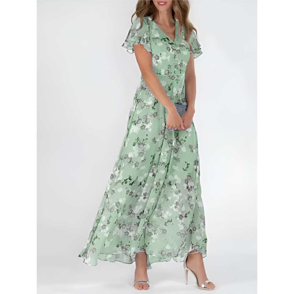 Anna-Berg | Elegant V-Neck Maxi Dress With Flutter Sleeves