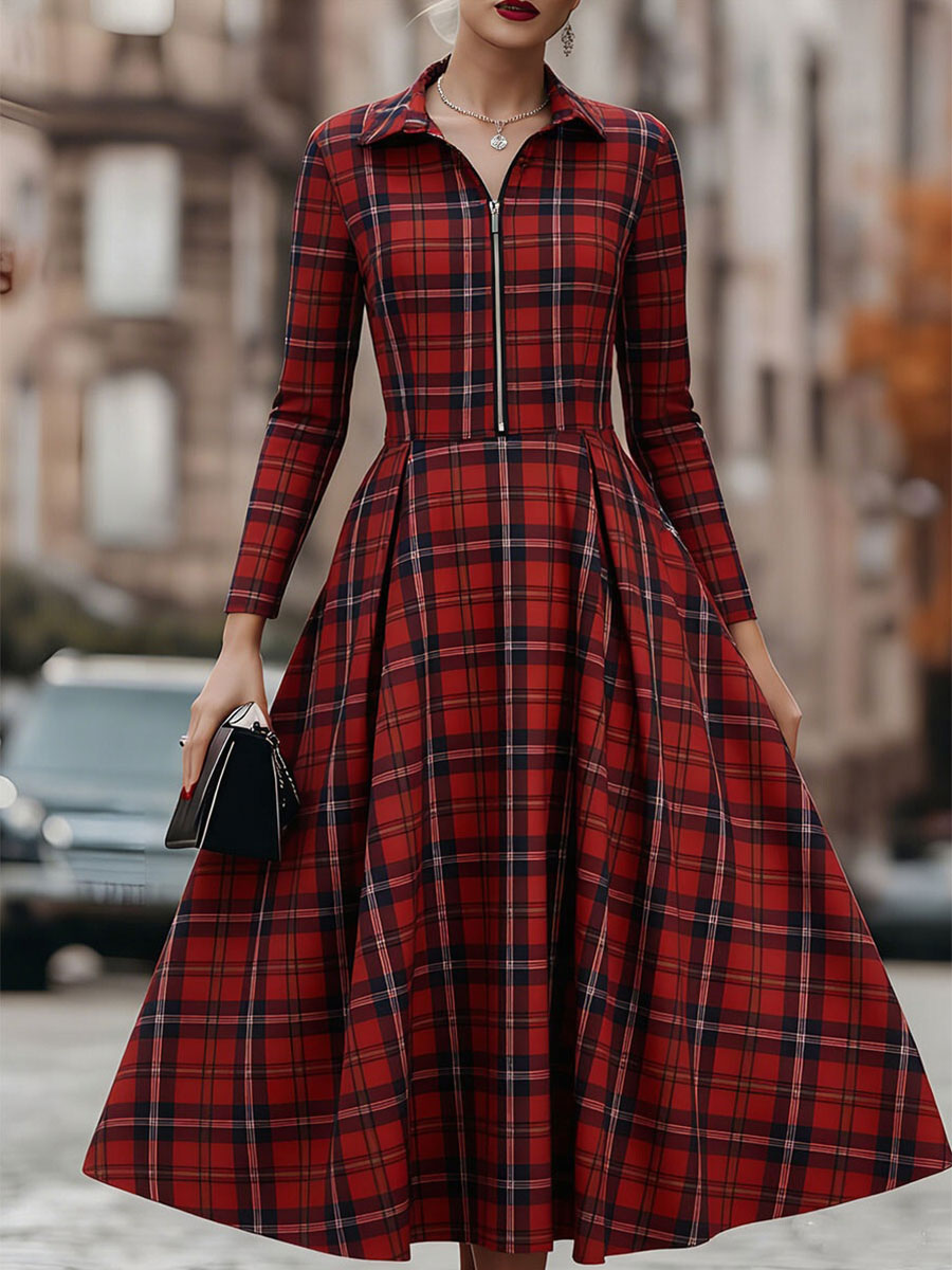 Anna-Berg | Elegant Long Sleeve Plaid Dress