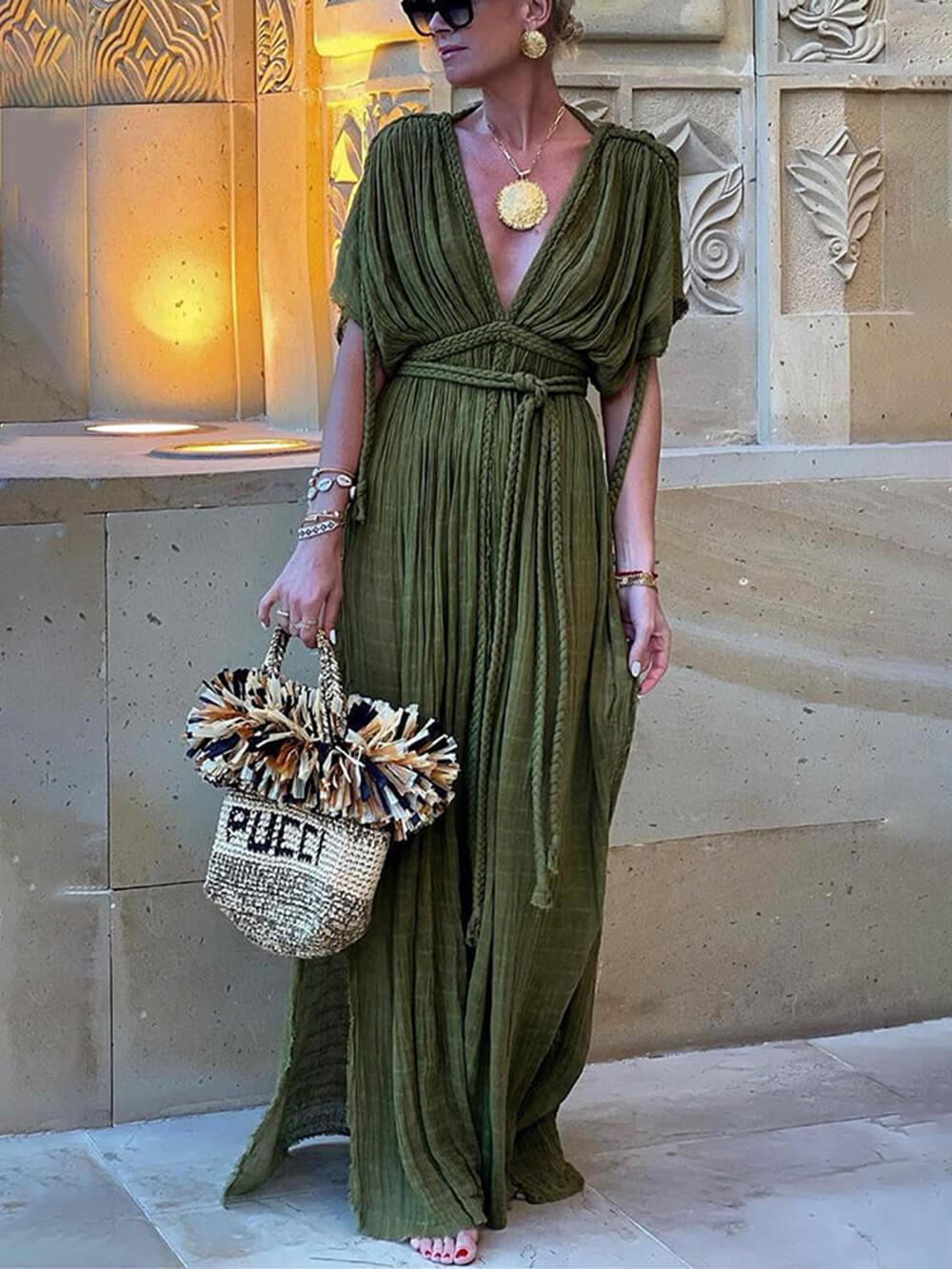 Anna-Berg | Refined Kimono Draped Braids Slit Maxi Dress