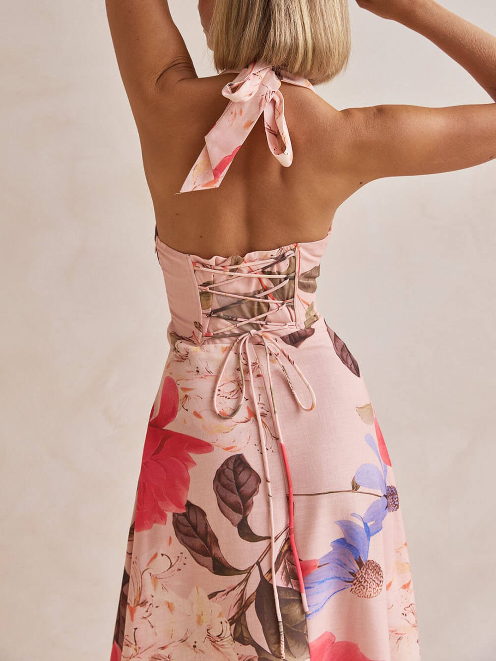Anna-Berg | Floral Print Halter Backless Tie-Up Dress