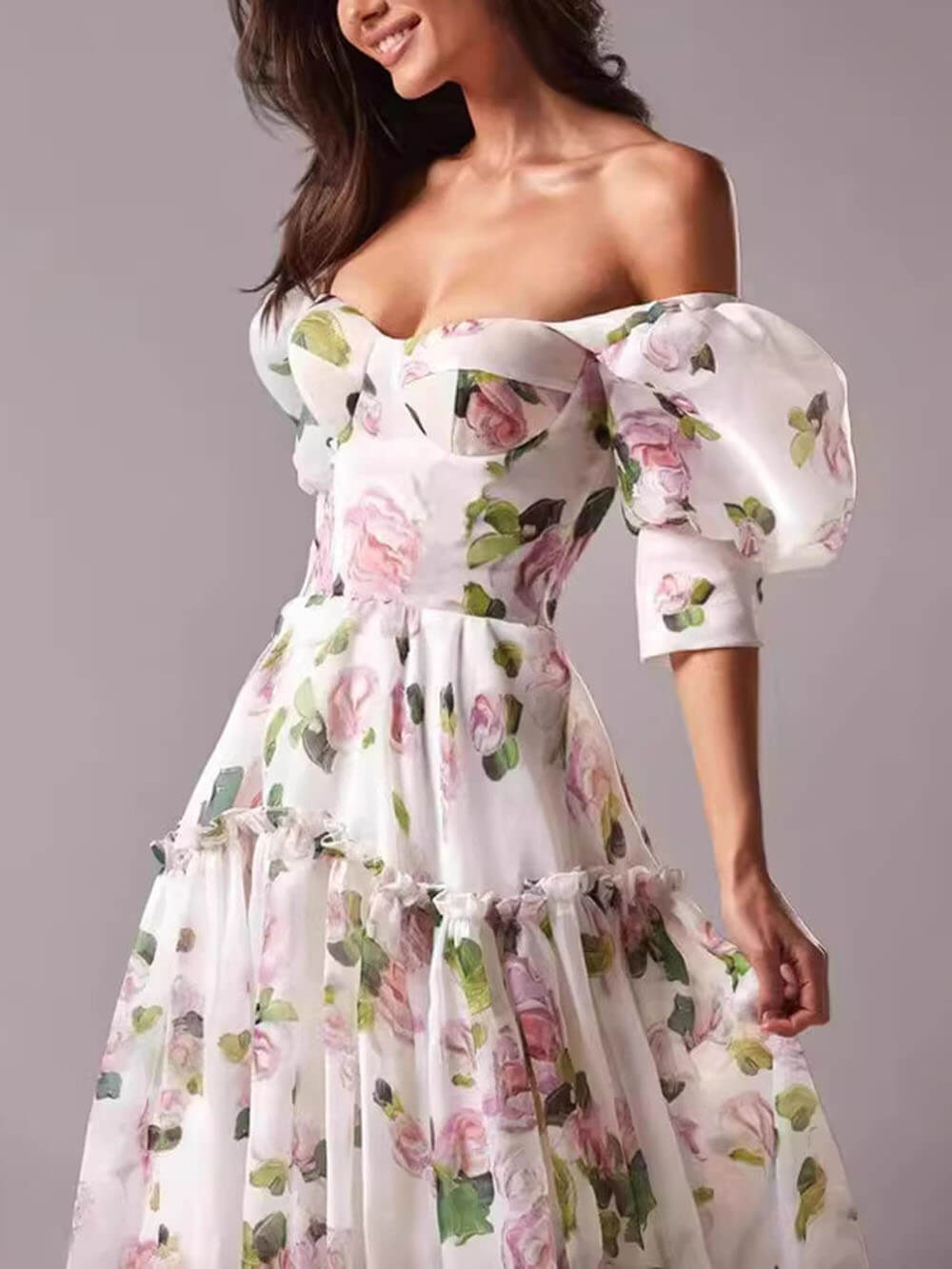 Anna-Berg | Elegant Off-Shoulder Printed Organza Evening Gown