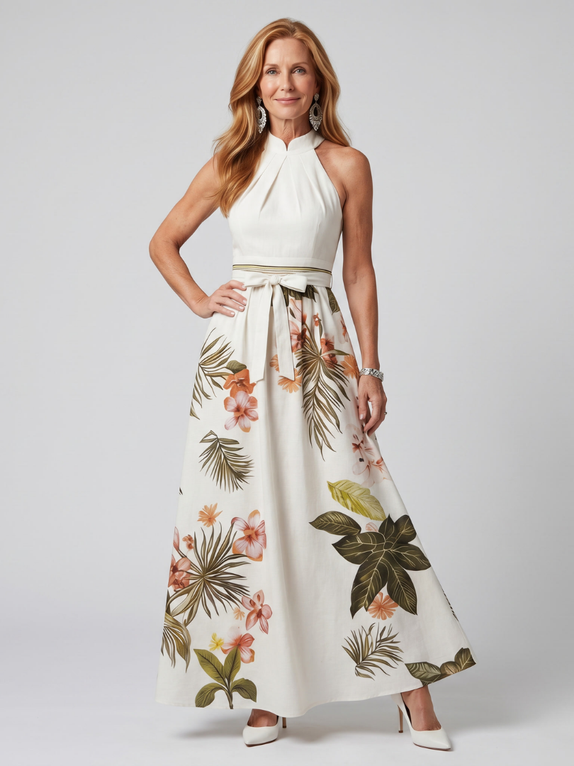 Anna-Berg | Elegant Draped Halter Botanical Panel Maxi Dress