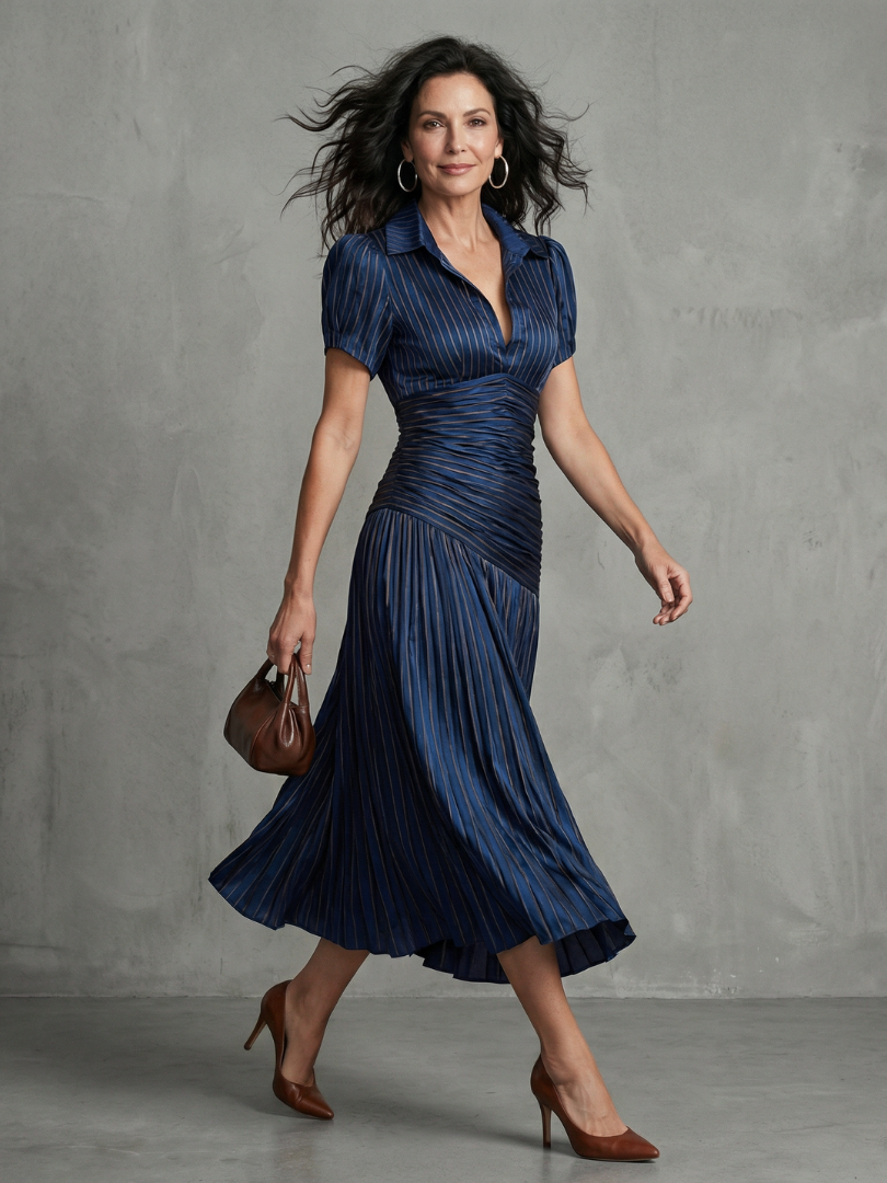 Anna-Berg | Flowing Pleated Waistline Stripe Midi Dress