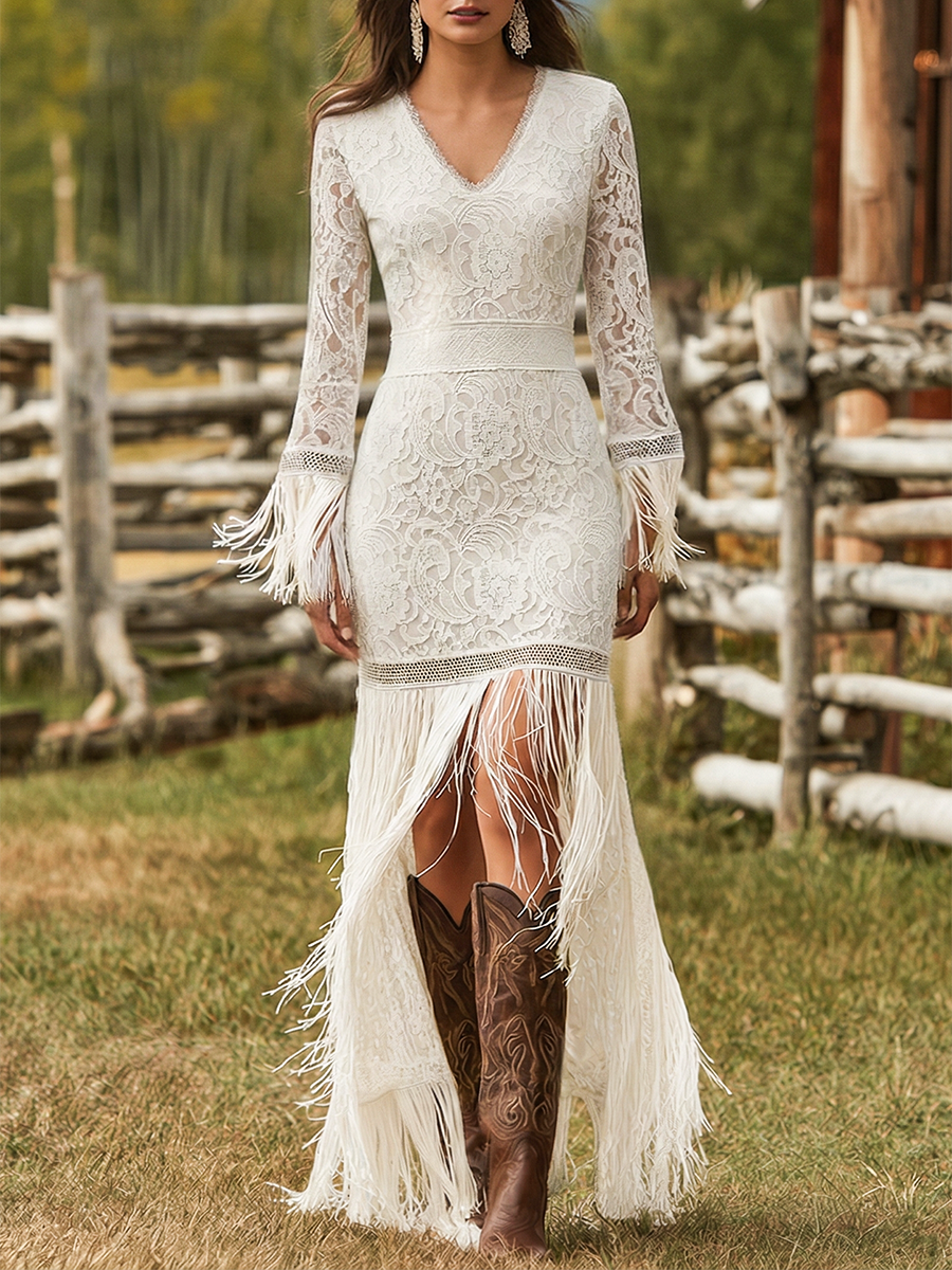 Anna-Berg | White Lace V-Neck Evening Dress