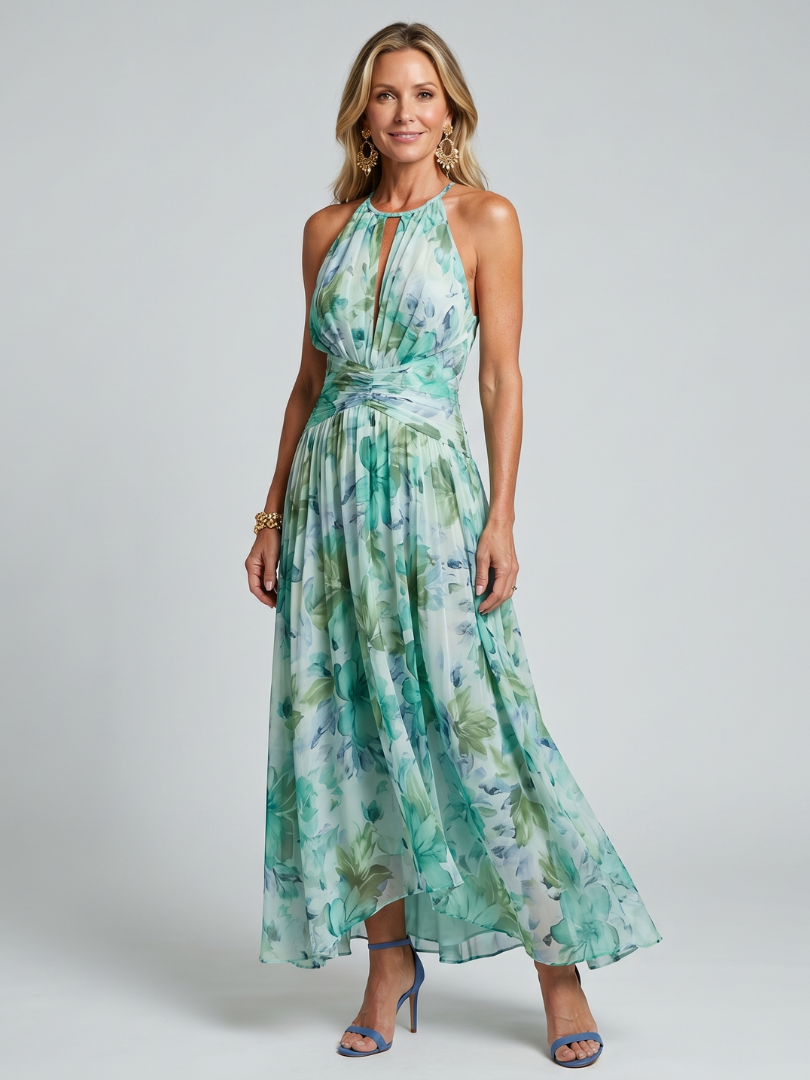Anna-Berg | Graceful Pleated Halter Soft Floral Pattern Midi Dress