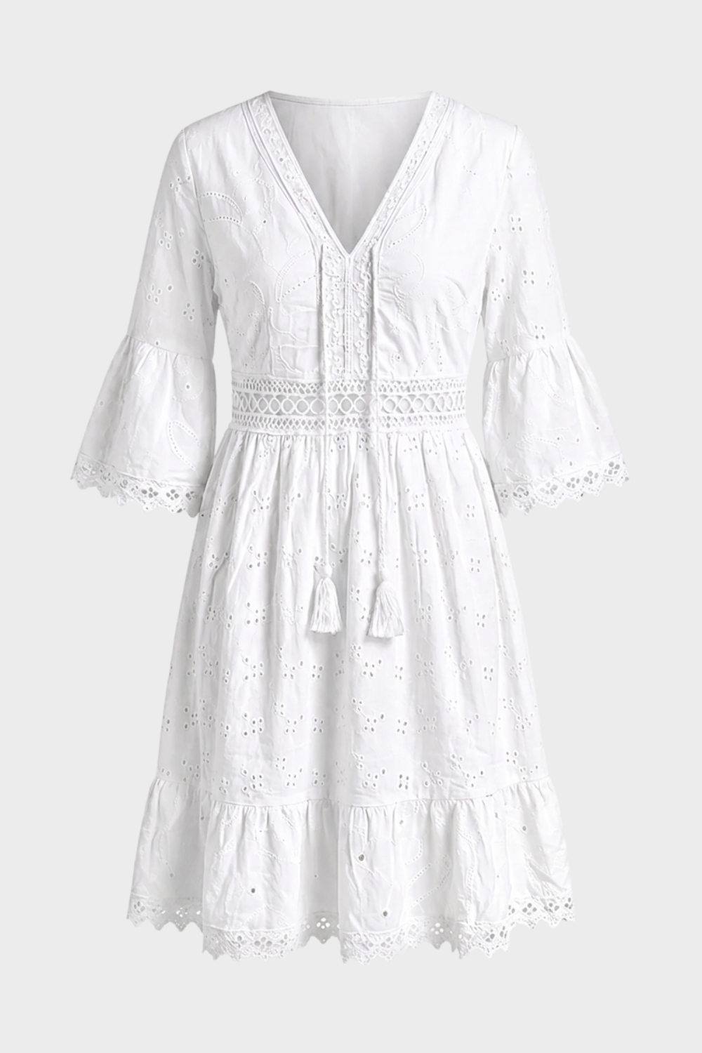 Anna-Berg | Boho Mini Dress V-Neck Bell Sleeves Eyelet Lace