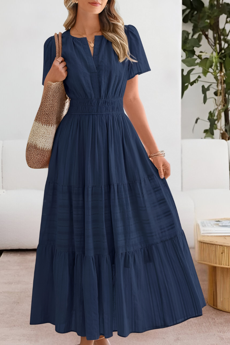 Anna-Berg | Boho Short Sleeve Smocked Midi Dress with Graceful Drape