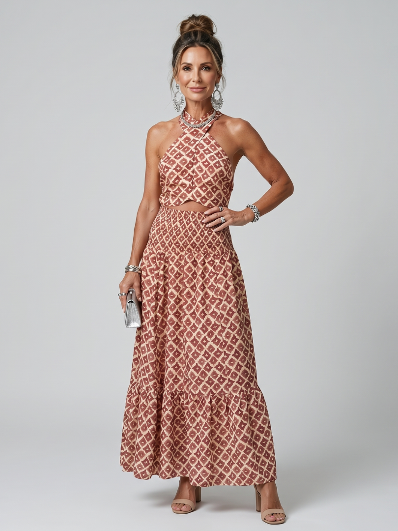 Anna-Berg | Statement Cross Halter Geometric Print Cutout Midi Dress