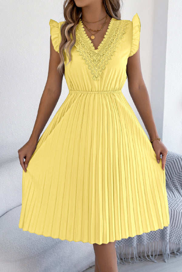 Anna-Berg | Solid Color V-Neck Lace-Trimmed Sleeveless Dress