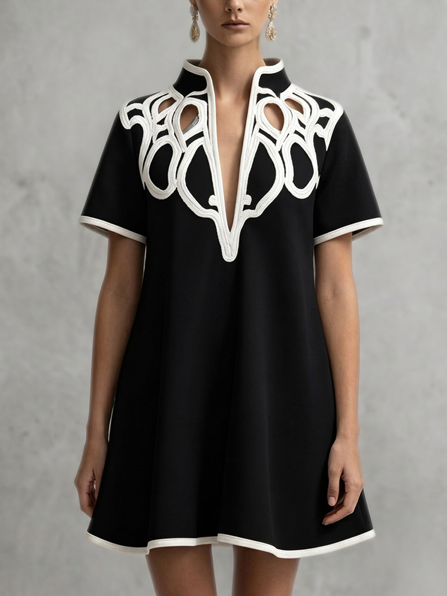Anna-Berg | A-Line Loose Contrast Color V-Neck Dress
