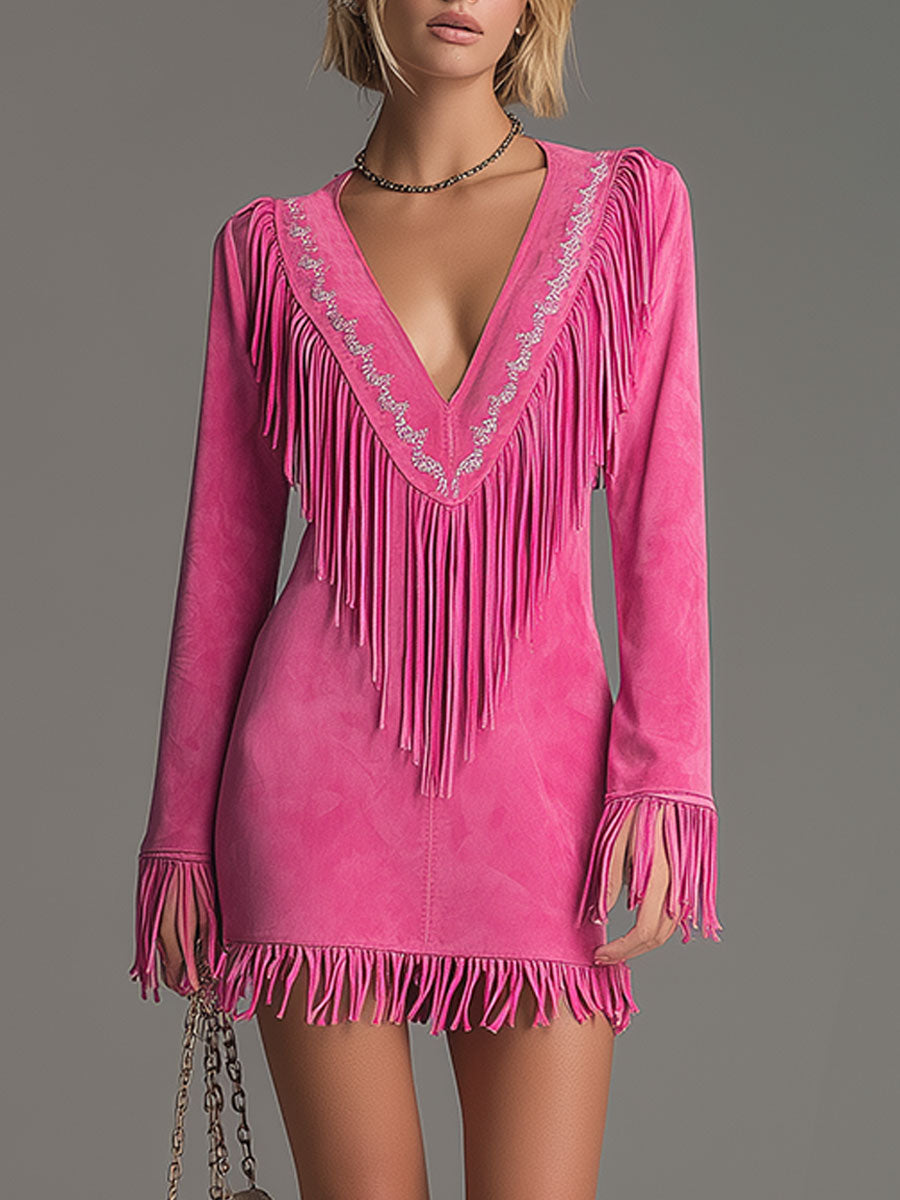 Anna-Berg | Red Faux Suede Tassel Western Dress