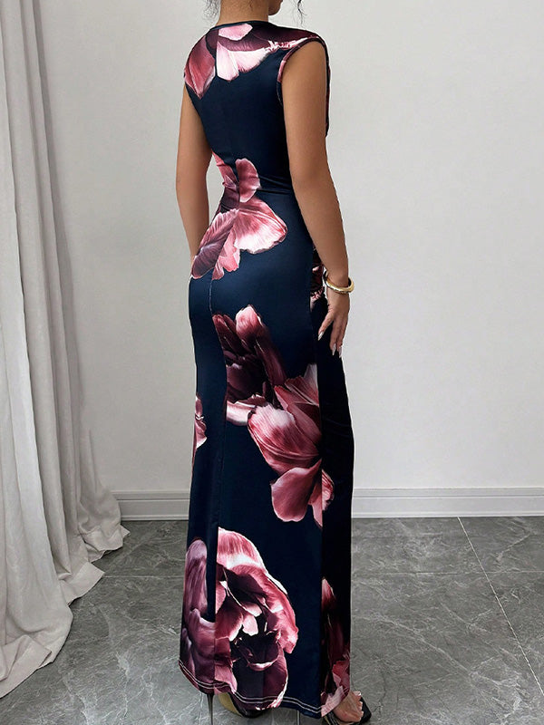 Anna-Berg | Bodycon Sleeveless Contrast Color Flower Dress