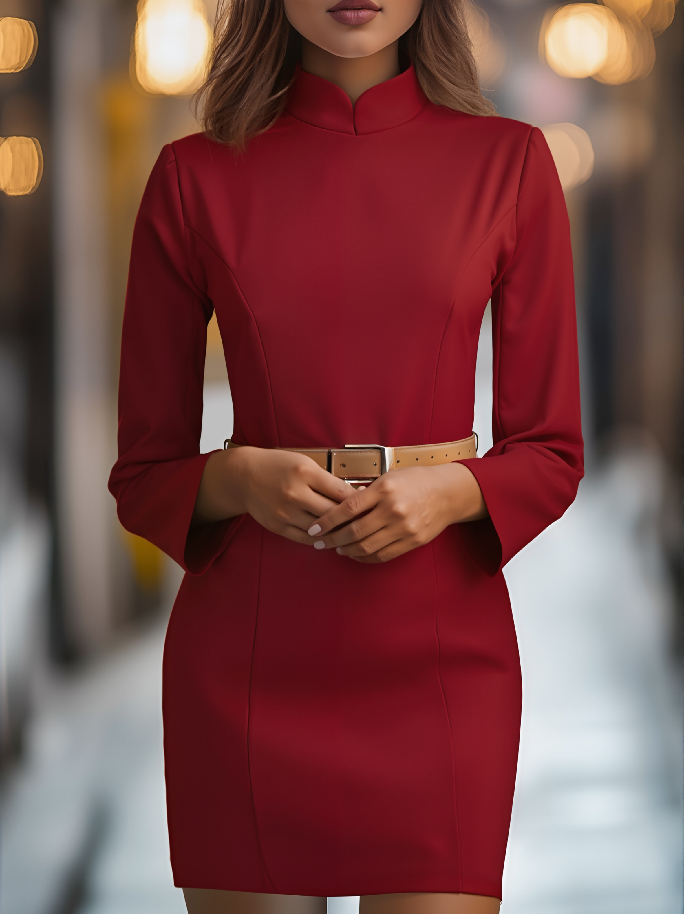 Anna-Berg | Elegant White Mandarin Collar Dress with Belt Design