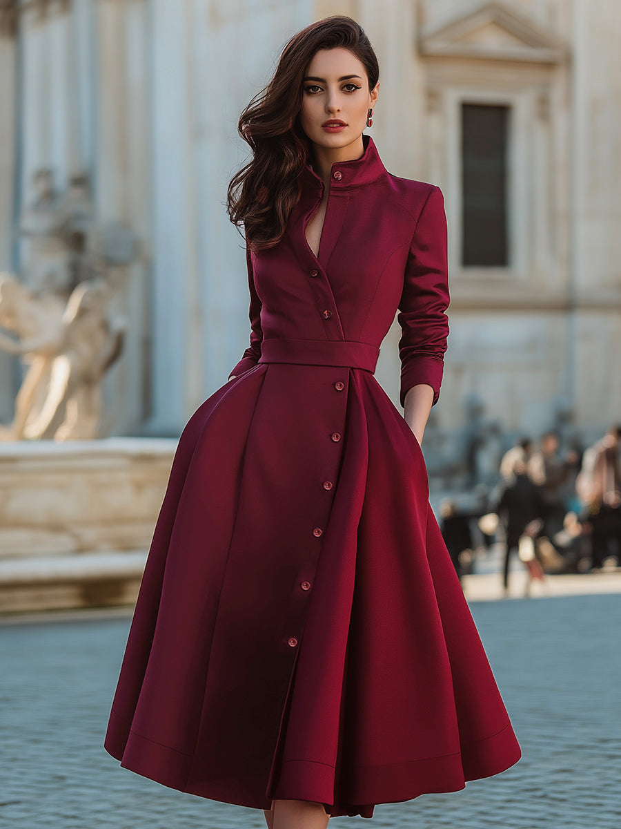 Anna-Berg | Elegant Band Collar Button-Down Midi Dress With Belt