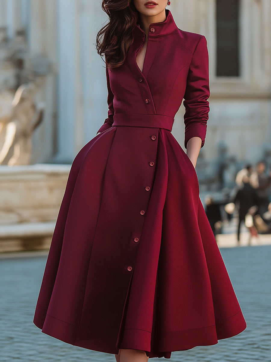 Anna-Berg | Elegant Band Collar Button-Down Midi Dress With Belt