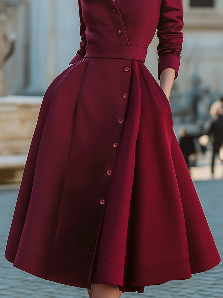 Anna-Berg | Elegant Band Collar Button-Down Midi Dress With Belt
