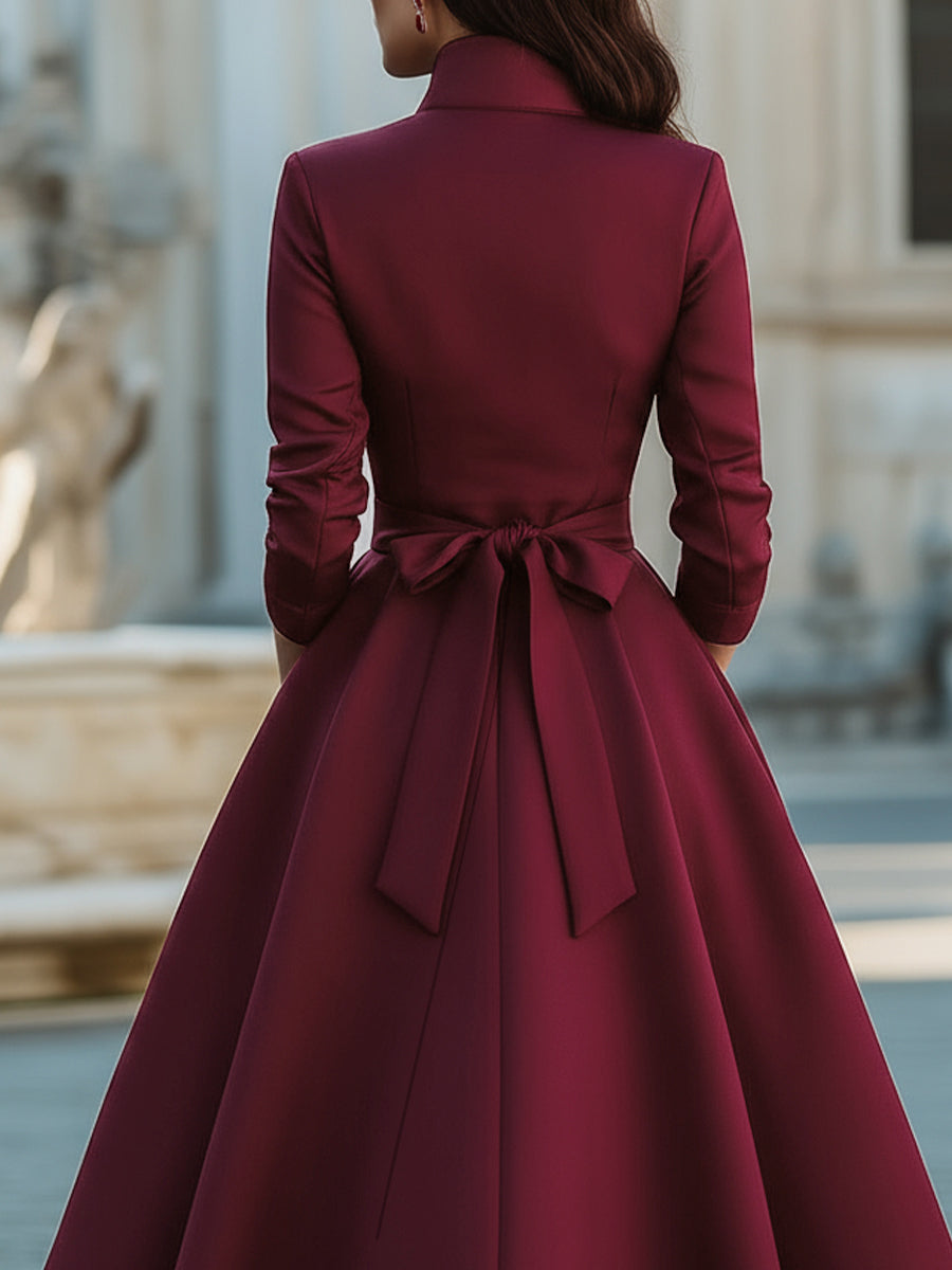 Anna-Berg | Elegant Band Collar Button-Down Midi Dress With Belt