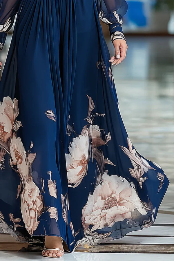 Anna-Berg | Floral Print Patchwork Mesh Long-Sleeved Dress