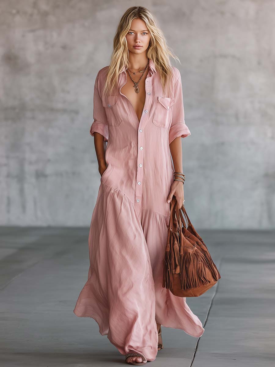 Anna-Berg | Pink Linen V-Neck Casual Dress