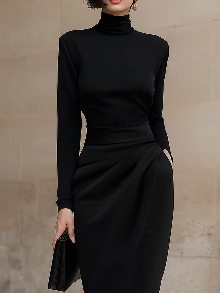 Anna-Berg | Sleek Black Turtleneck Draped Dress