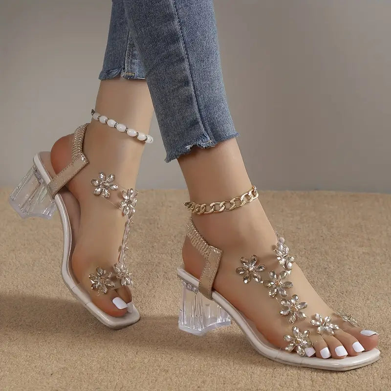 Anna-Berg | Luxe Rhinestone Block Heel Sandals with Graceful Drape