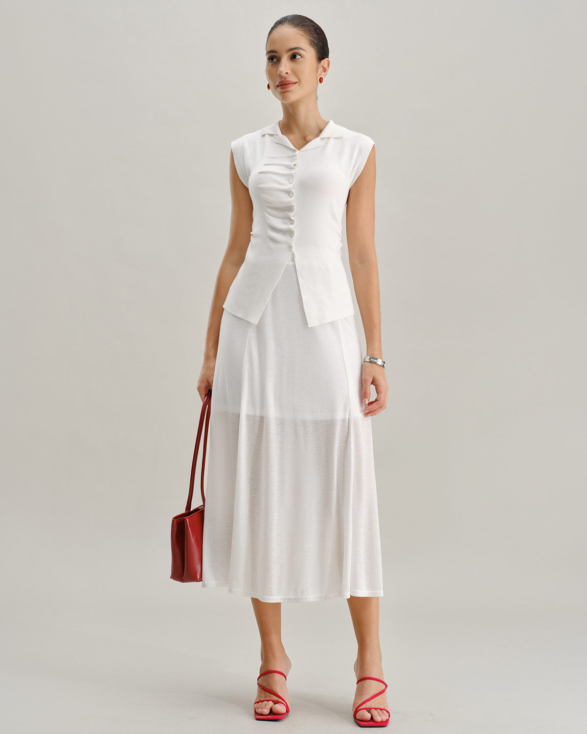 Anna-Berg | White Elastic Waist Midi Skirt