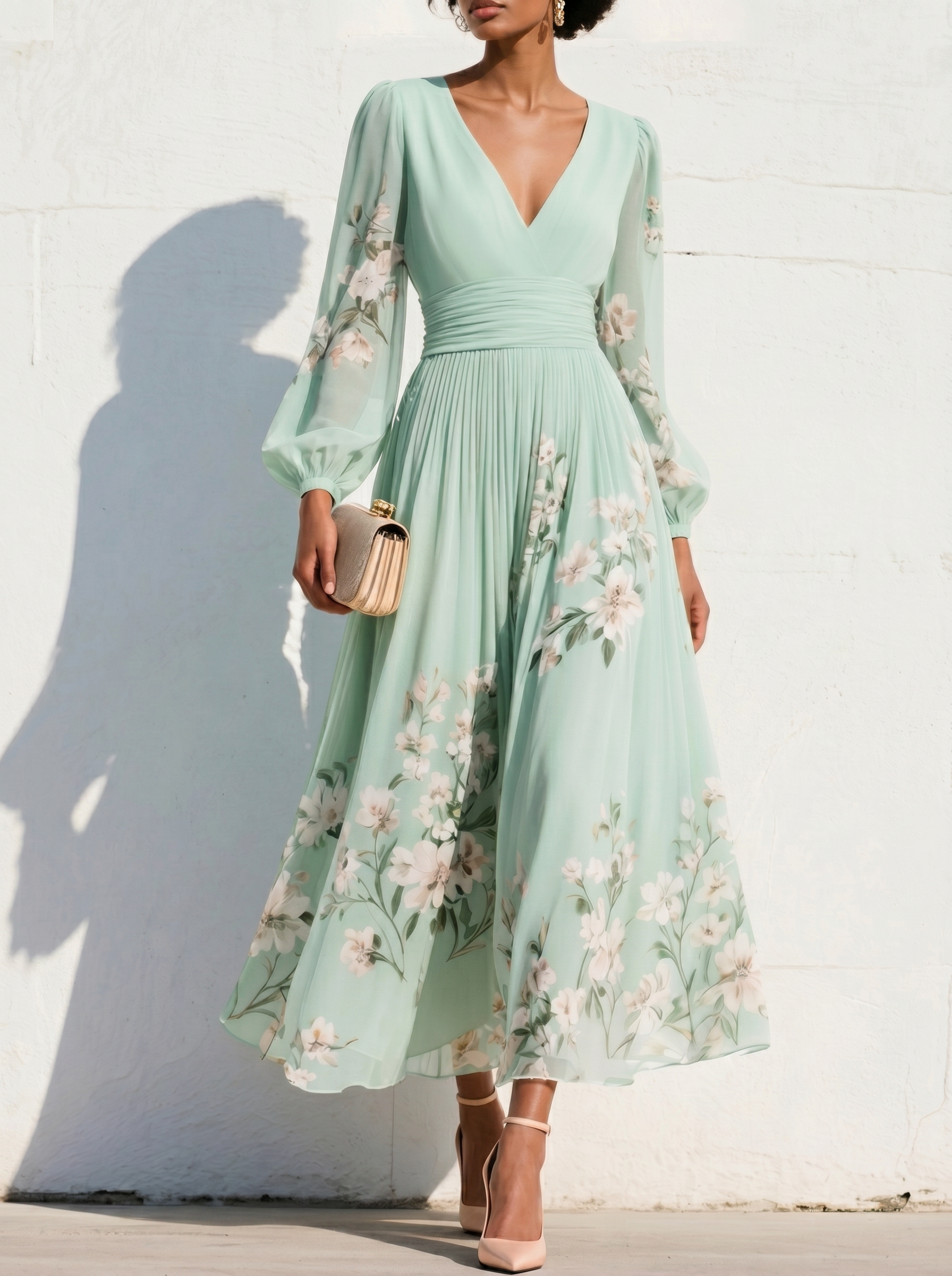 Anna-Berg | Elegant Floral Print Long-Sleeved V-Neck Dress
