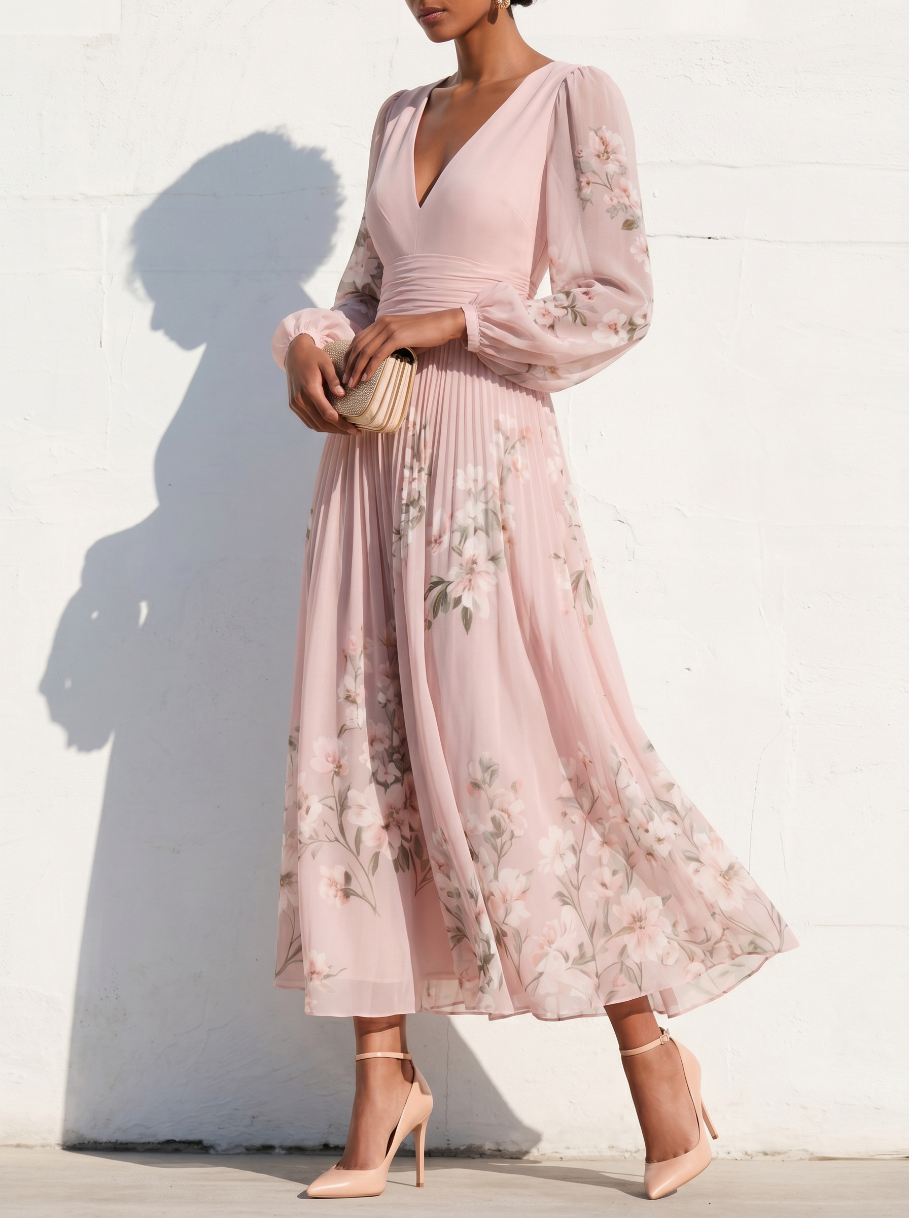 Anna-Berg | Elegant Floral Print Long-Sleeved V-Neck Dress