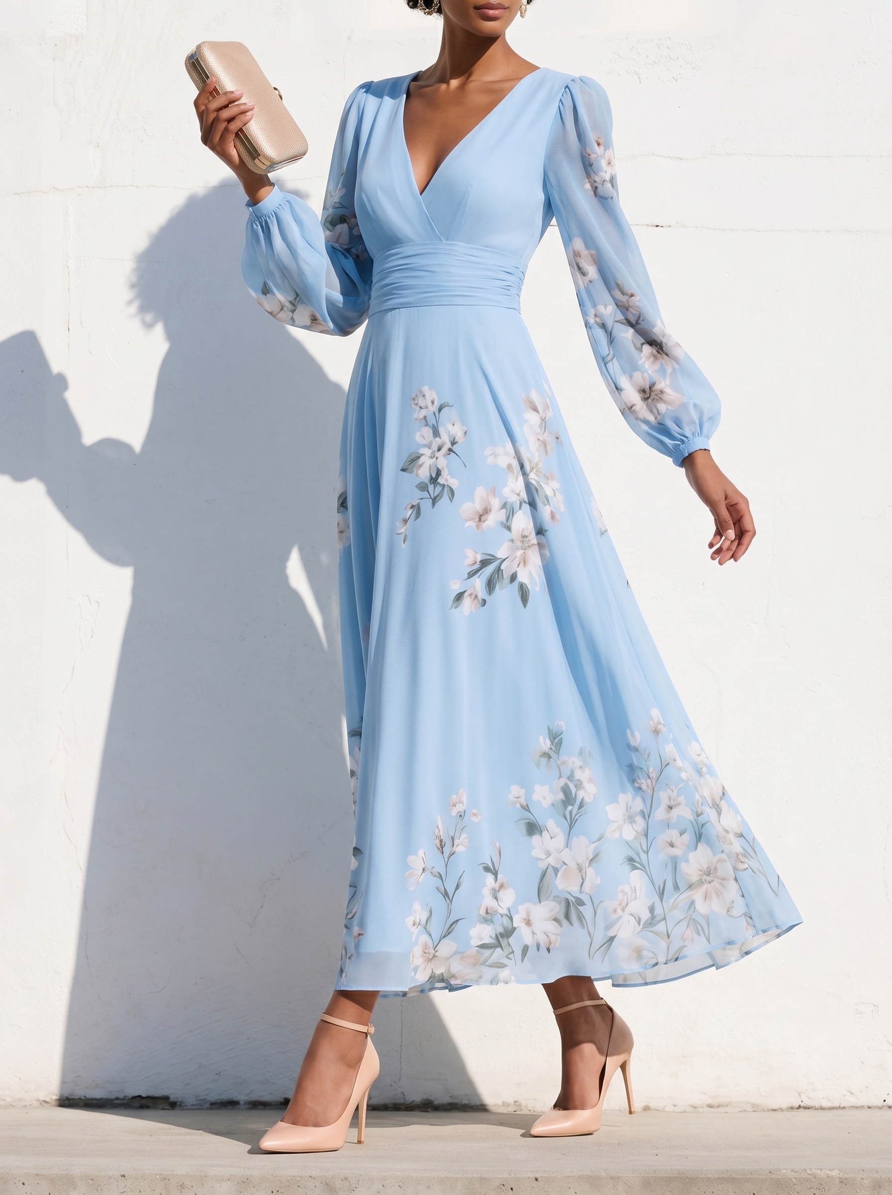 Anna-Berg | Elegant Floral Print Long-Sleeved V-Neck Dress